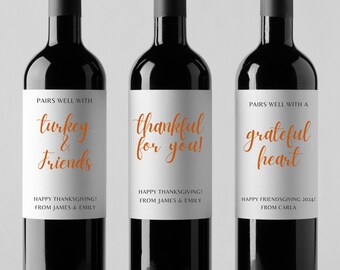 Thanksgiving-Weinetikettenvorlage: Personalisiertes Weinflaschengeschenk (druckbar, bearbeitbar in Canva)