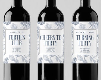 Custom Birthday Wine Labels, Floral Personalized Gift, 3 Pack Printed