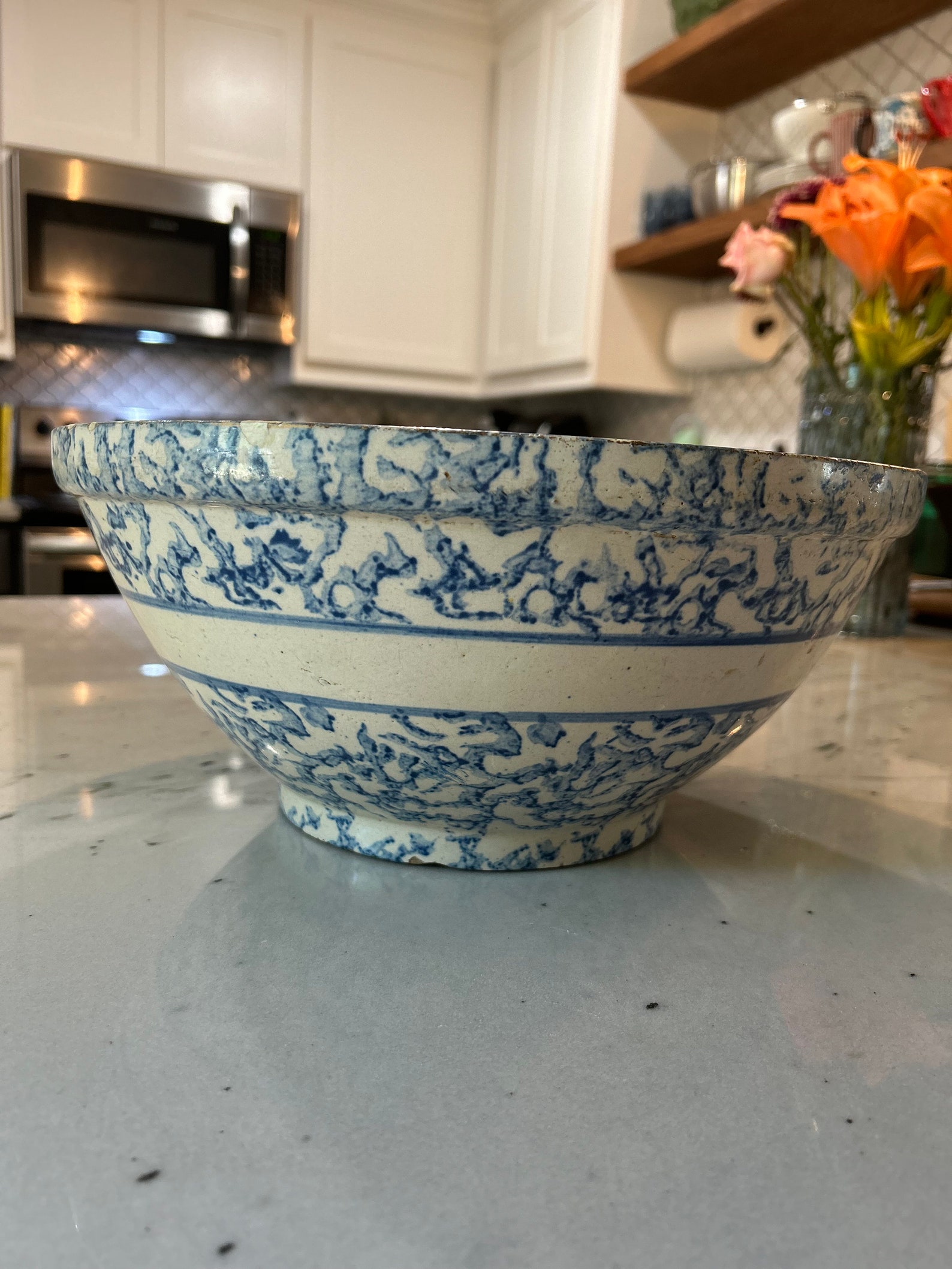 Vintage Spongeware Blue and White Pottery Bowl - Etsy
