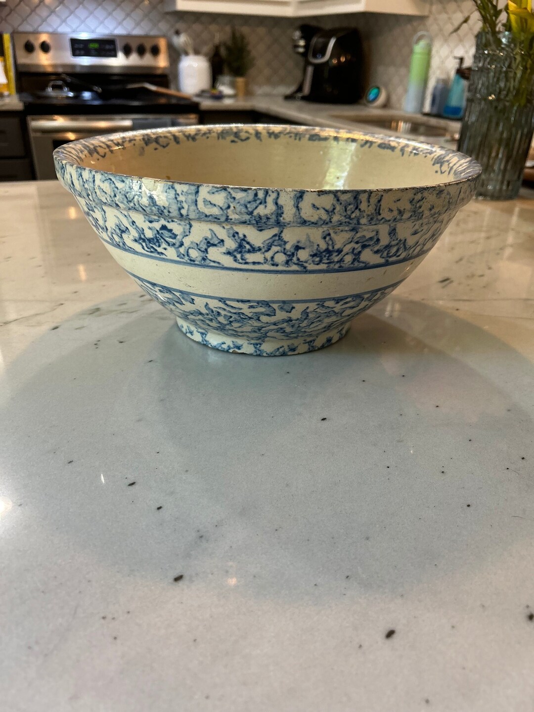 Vintage Spongeware Blue and White Pottery Bowl - Etsy