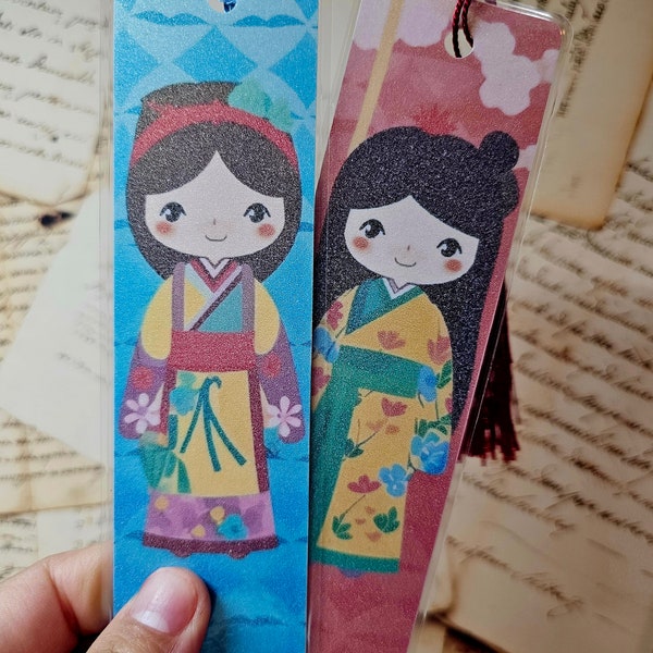 Cute Girl in Kimono Outfit Bookmark. Bookmark with Tassle, Book Lover Gift, Laminated Bookmark, Bookish Gift, Bookmarks Collection