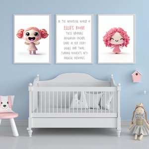 Girl Amigurumi Art - set of 3 prints. Personalized. Kids&#39; Room, Wall Art, Bedroom Decor.