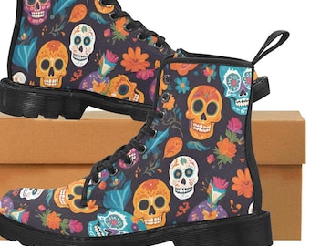 Dia de Muertos Boots, Fall Boots for Women, Day of the Dead Sugar skull Lace up Canvas Boot, Rainbow Flowers and Skulls,