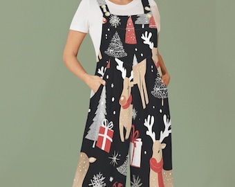 Women’s Christmas Jumpsuit – Reindeer Presents One-Piece Holiday Outfit with Pockets, Cozy Lightweight Festive Loungewear