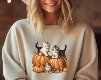 Fall Cat Sweater, Thanksgiving Cats, Cat Lover Halloween, Fall Sweater Cat Mom, Kittens and Pumpkins Pullover