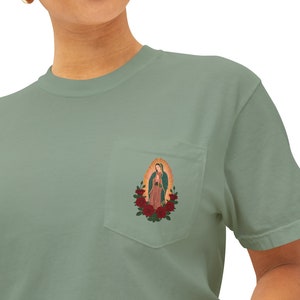 Guadalupe Pocket Tee, Virgin Mary Comfort Colors Shirt
