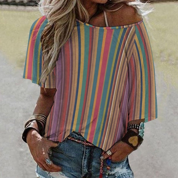 Women’s Off the Shoulder Half-Sleeve T-shirt, Cropped TShirt with Colorful Stripes, Summer Tee