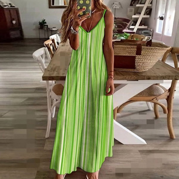 Lime Green Summer Dress, Bright Beach Dress, Striped Maxi Dress, Spring Colors Long Flowy Casual Dress