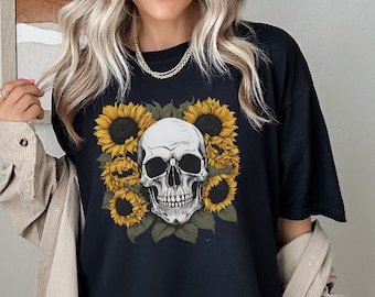 Sunflower Skull Comfort Colors T-Shirt, Botanical Skeleton Tee