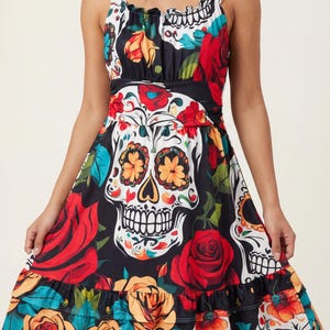 Sugar Skull Swing Dress, Roses, Day of the Dead Fiesta