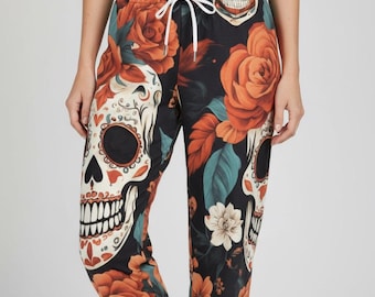 Pantalones de pijama con calavera de azúcar: ropa de dormir de algodón con estampado floral
