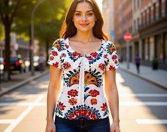 Boho Folk Art Floral Top, Cream Color Short Sleeve Blouse Tie Front, Colorful Summer Festival Shirt, Polish Scandinavian folk art pattern
