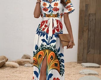 Polish Folk Art Maxi Dress, Boho Button Down Shirt Dress with Tie Waist & Front Slit, Colorful Floral Slavic Summer Festival Outfit