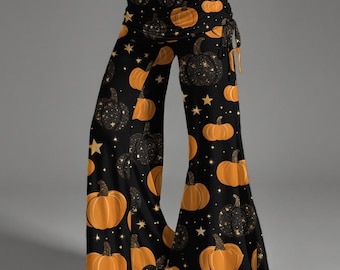 Halloween Pumpkin Palazzo Pants, Wide Leg Women’s Fall Lounge Trousers, Elastic Waist Boho Festival Pants for Spooky Season