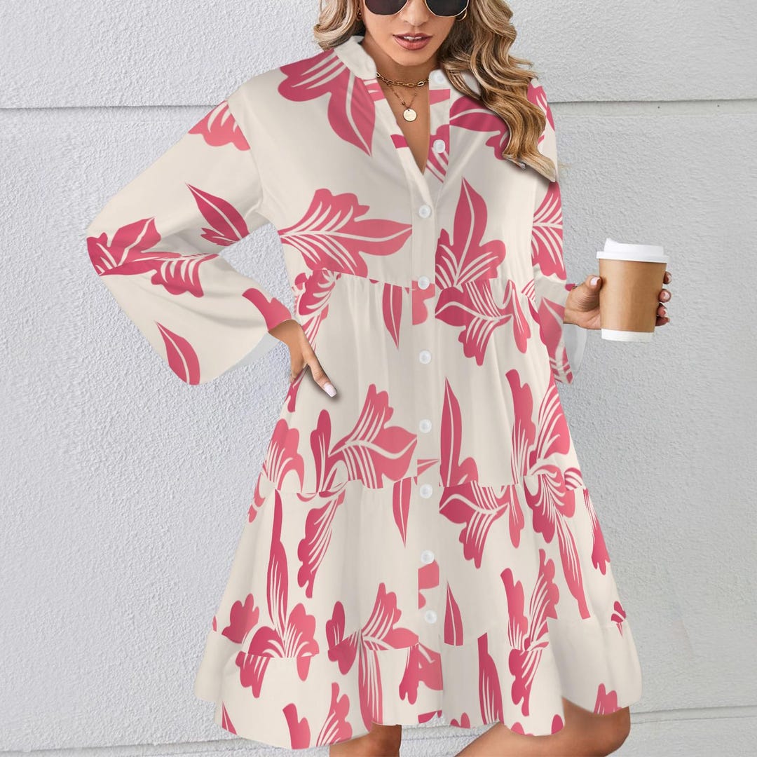Cream Tropical Floral Dress with Smock Waist