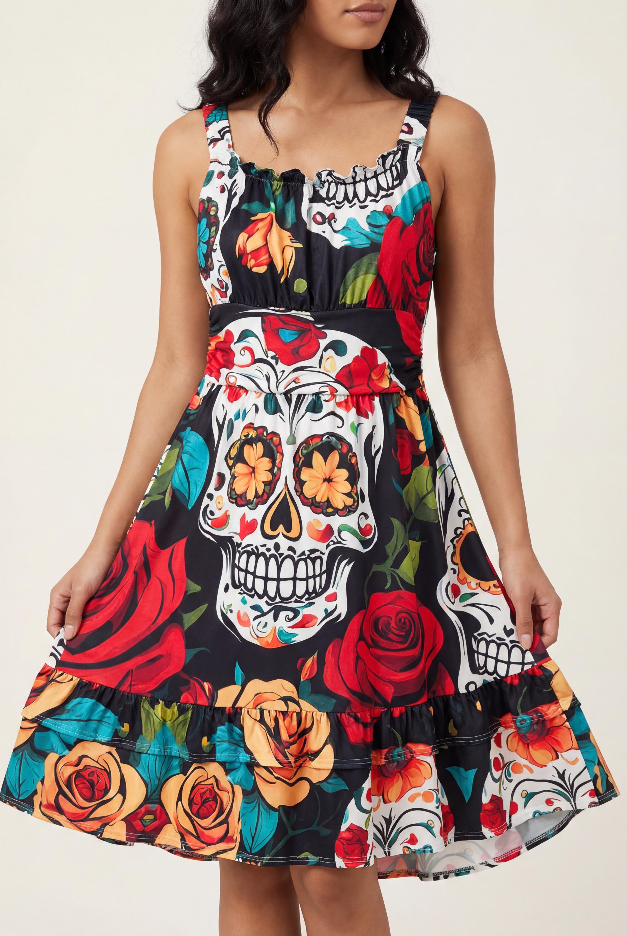 white christmas dresses A-Line/Princess Skull Rose V-Neck Sleeveless Knee-Length Strap Halloween Performance Costumes Dress MON6041082W, S / Black main image 0