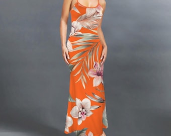 Tropical Flowers Maxi Dress, Floral Bodycon Dress for Women, All Over Print Sundress Dress, Boho dress, Gift for her, Long Fitted Boho Dress
