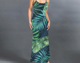 Tropical Flowers Maxi Dress, Floral Bodycon Dress for Women, All Over Print Sundress Dress, Boho dress, Gift for her, Long Fitted Boho Dress