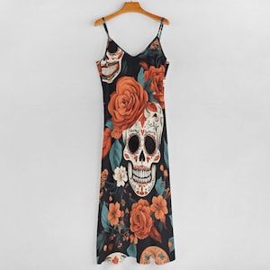 Vestido del Día de los Muertos, vestido largo con calaveras de azúcar, vestido largo con flores, rosas y calaveras del Día de los Muertos.