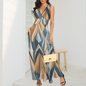 V-Neck Maxi Dress, Geometric Maxi Dress for Women, Casual Print Dress, Boho dress, Gift for her, Long Boho Dress, Fall Summer Dress