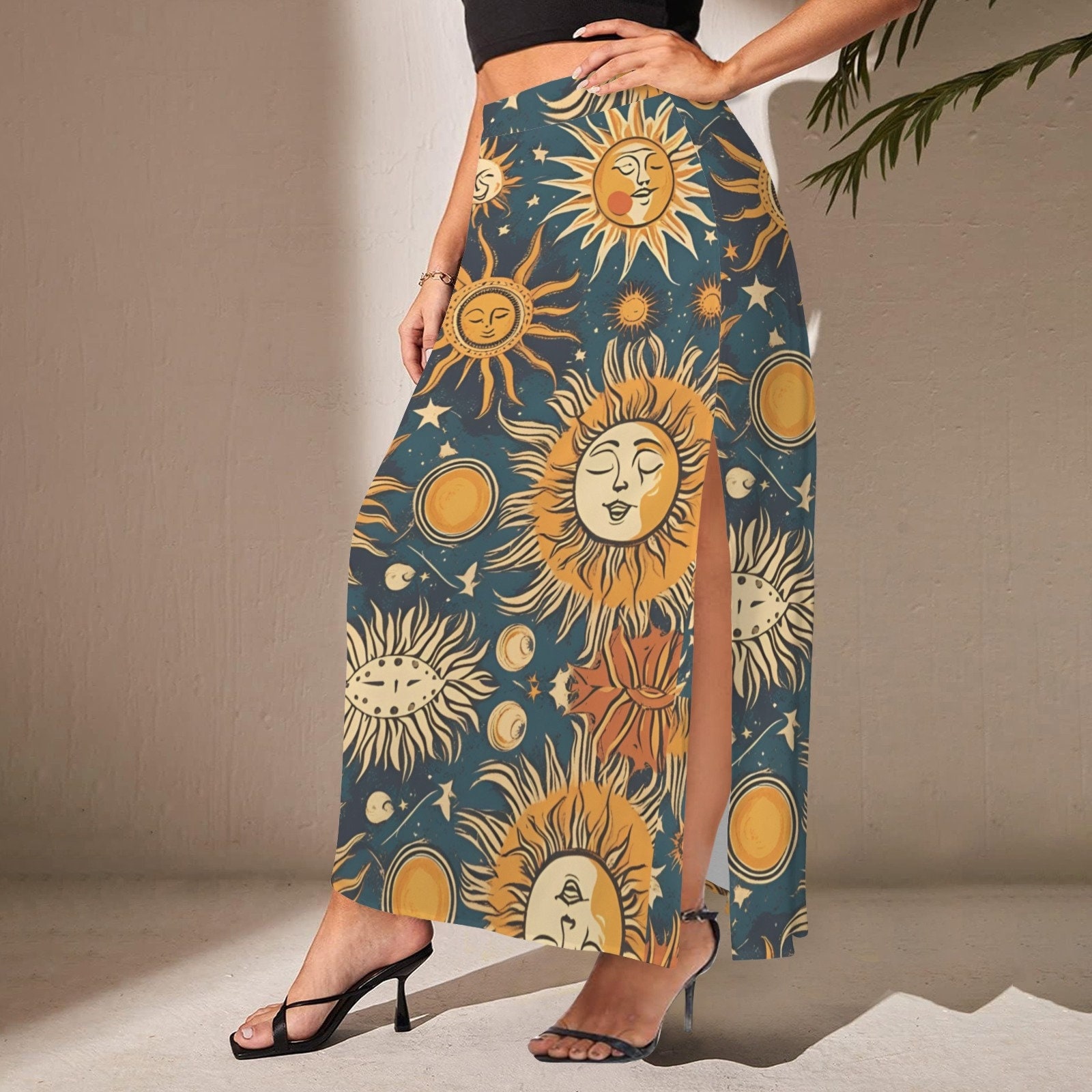 Retro Boho Skirt Sun Moon and Stars, Skirt With Split Thigh