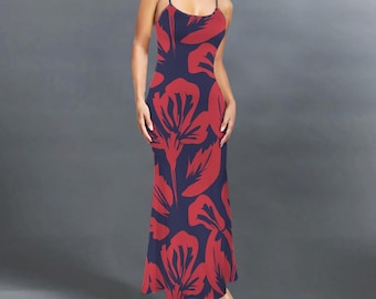 Tropical Flowers Maxi Dress, Floral Bodycon Dress for Women, All Over Print Sundress Dress, Boho dress, Gift for her, Long Fitted Boho Dress