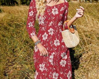 Scandinavian Floral Print Summer Dress, Bohemian Holiday Beach Dress, Women Red Sundress, Slit Dress, Vacation Dress, Boho Dress