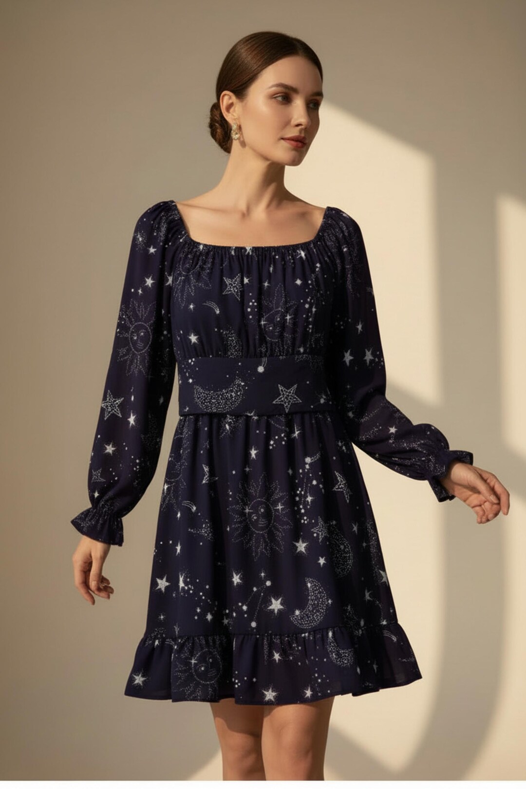Celestial Dress - Navy Star, Sun & Moon Print, Open Back - Etsy