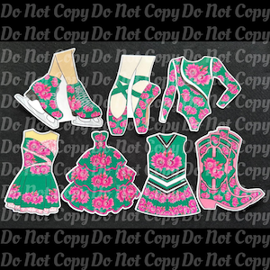 Puede incluir: Una colección de ilustraciones recortadas que presentan varias prendas deportivas y de actuación. Los diseños incluyen patines de hielo, zapatillas de ballet, un maillot, vestidos, un uniforme de animadora y botas de vaquero. Cada artículo está decorado con un estampado floral verde con flores rosas.