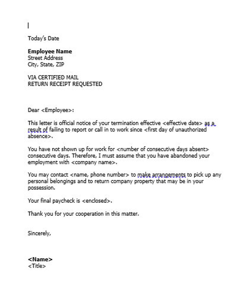 Termination Package, Editable Termination Letter, Job Abandonment