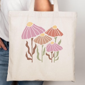 Boho Flower Canvas Tote Bag: Plant Lover Reusable Shopping Bag