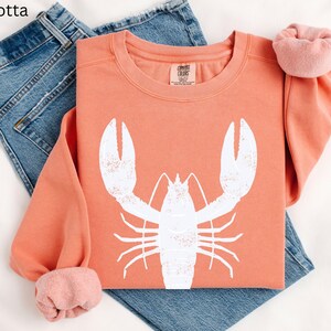 May include: Terracotta sweatshirt with a white lobster graphic. The sweatshirt has a crew neck and long sleeves.