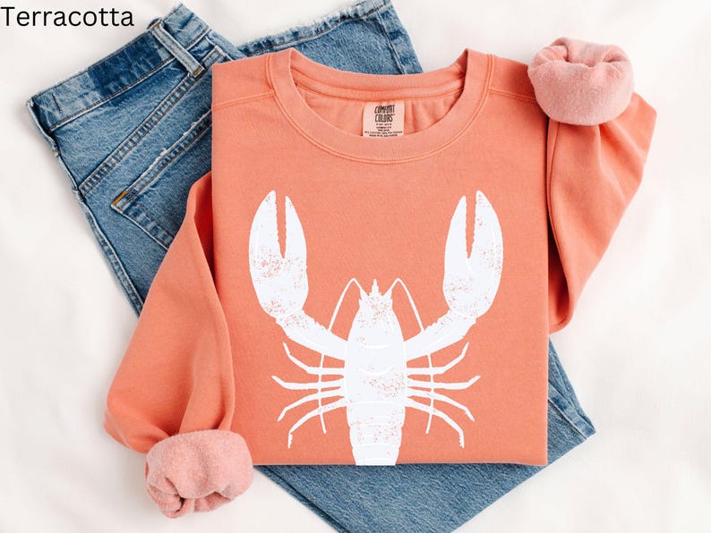 May include: Terracotta sweatshirt with a white lobster graphic. The sweatshirt has a crew neck and long sleeves.
