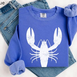 May include: A blue sweatshirt with a white lobster graphic. The sweatshirt is folded and laid on a white surface with a pair of blue jeans.