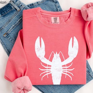 May include: A pink sweatshirt with a white lobster graphic. The sweatshirt is folded and laid on a pair of blue jeans.