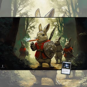 May include: A rectangular playmat featuring a fantasy scene with anthropomorphic rabbits in a forest setting. The central rabbit wears a red tunic, holds a carrot, and carries a shield. Other rabbits are in the background, some with weapons. The mat has a forest-themed border.