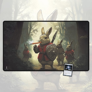 May include: A rectangular playmat featuring a fantasy scene with anthropomorphic rabbits in medieval attire. The central rabbit, smoking a cigar, wears a red tunic and holds a shield. Other rabbits are in the background, armed with swords, in a forest setting.