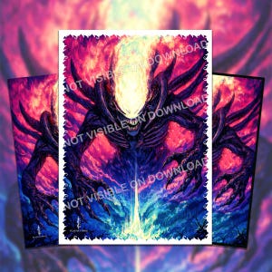 Puede incluir: Una impresión artística de fantasía que presenta una criatura amenazante con una cabeza llameante y garras afiladas. La obra de arte está dominada por tonos de morado, azul y rojo, con el texto "NOT VISIBLE ON DOWNLOAD" visible.