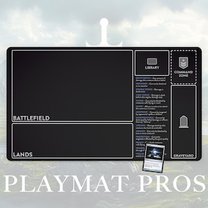May include: Black rectangular playmat with labeled zones for a card game. The mat includes areas for the battlefield, lands, library, command zone, and graveyard. The text "PLAYMAT PROS" is at the bottom.