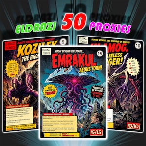 Puede incluir: Un conjunto de 50 cartas coleccionables proxy Eldrazi con ilustraciones estilo cómic de Emrakul, Kozilek y Ulamog. Cada carta muestra nombres de personajes, valores de poder y resistencia, texto de juego y el logotipo de Eldrazi Comics.