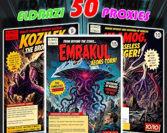 May include: A set of 50 Eldrazi proxy trading cards featuring comic book style illustrations of Emrakul, Kozilek, and Ulamog. Each card displays character names, power and toughness values, game text, and the Eldrazi Comics logo in a colorful, graphic design.