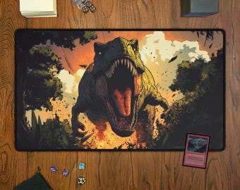 T-Rex Primal Rage, Custom Art, Fan Art, MTG Alter, TCG Playmat, Gift for Gamers, Trading Card Game Accessories - 23.6&quot; x 13.8&quot;