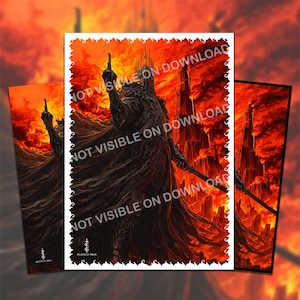 Op de afbeelding: Kunstwerk met een donkere figuur met een opgeheven hand, tegen een vurige, oranje achtergrond. De figuur draagt zwarte gewaden en een kroon, met een staf. De tekst "NOT VISIBLE ON DOWNLOAD" staat over het beeld.