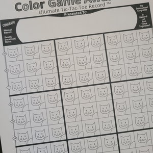Cat Face design of Printable Color Game Award Ultimate Tic-Tac-Toe Record by ColorGameAward. Print, Color & Play, Instant Record Award!