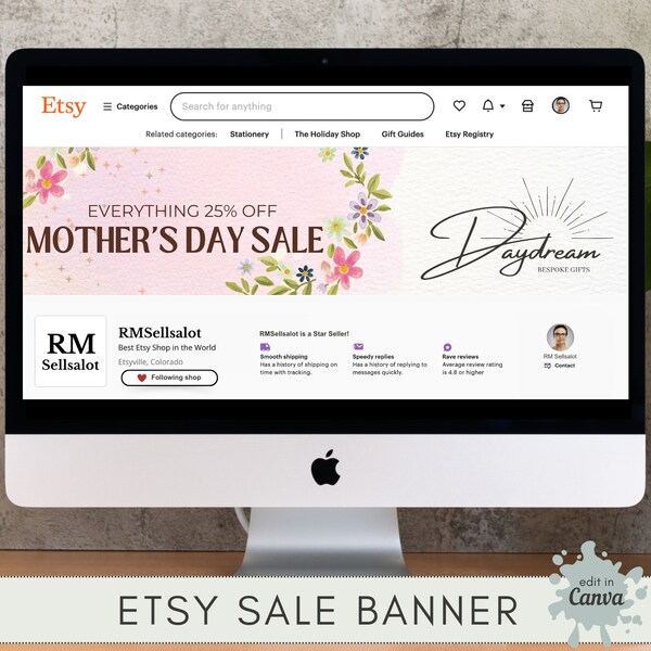 Mother's Day Sale Banner ~ Etsy Shop Branding ~ Customize in Canva ~ Mock-up with Flowers and Pastel Colors for Etsy Sellers ~ MOTHERSDAY