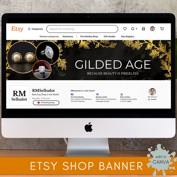 Luxury Etsy Shop Banner Template ~ Mockup for Etsy Shop ~ Editable Online in Canva ~ Instant Download ~ GILDED