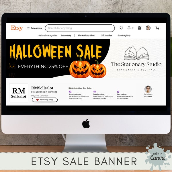 Halloween Sale Banner ~ Etsy Shop Branding ~ Customize in Canva ~ Discount Header Mock-up with Black Cat and Pumpkins ~ HALLOWEEN