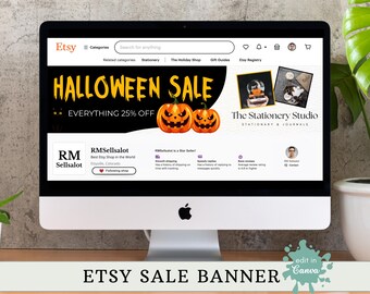 Halloween Sale Banner ~ Etsy Shop Branding ~ Customize in Canva ~ Discount Header Mock-up with Black Cat and Pumpkins ~ HALLOWEEN