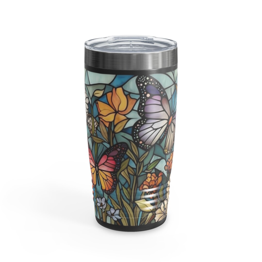 Stained Glass Tumbler, Garden Scene Togo Cup, Colorful Floral Coffee