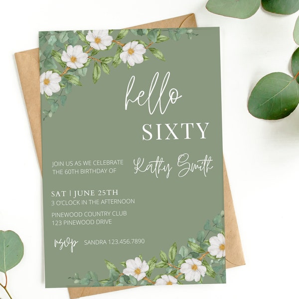 Hello Sixty 60th Birthday Invitation Template, Floral 60th Birthday Editable Invitation Template, Adult Birthday Printable Invitation